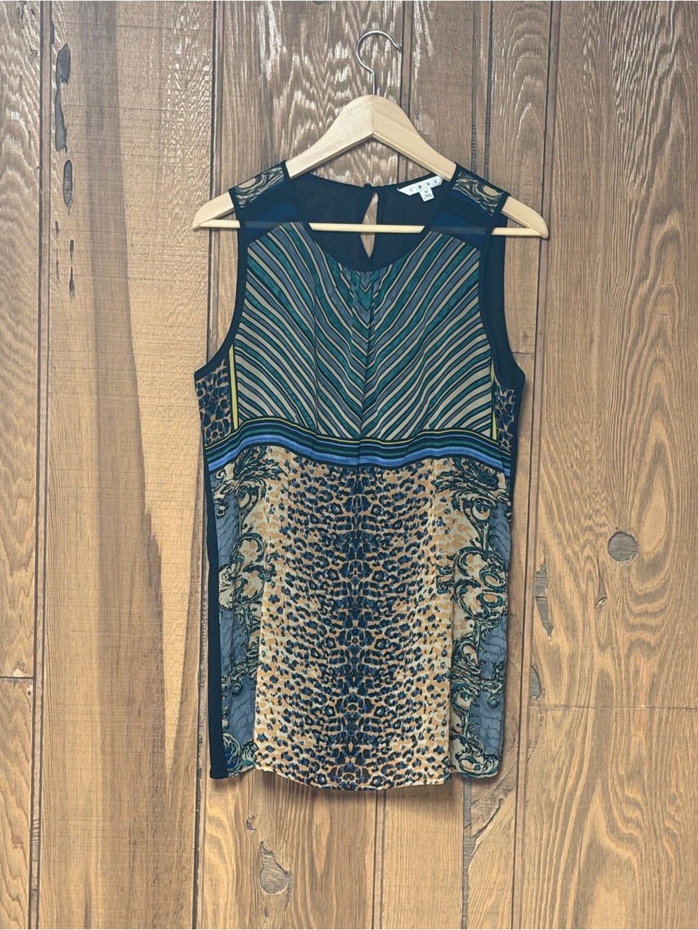 CAbi Women’s M Sleeveless Printed Blouse Top Blue Teal Leopard Baroque